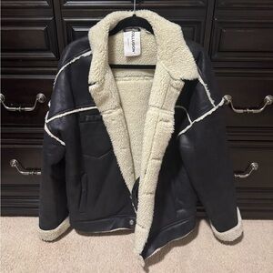 Black and Cream Shearling Bomber Jacket